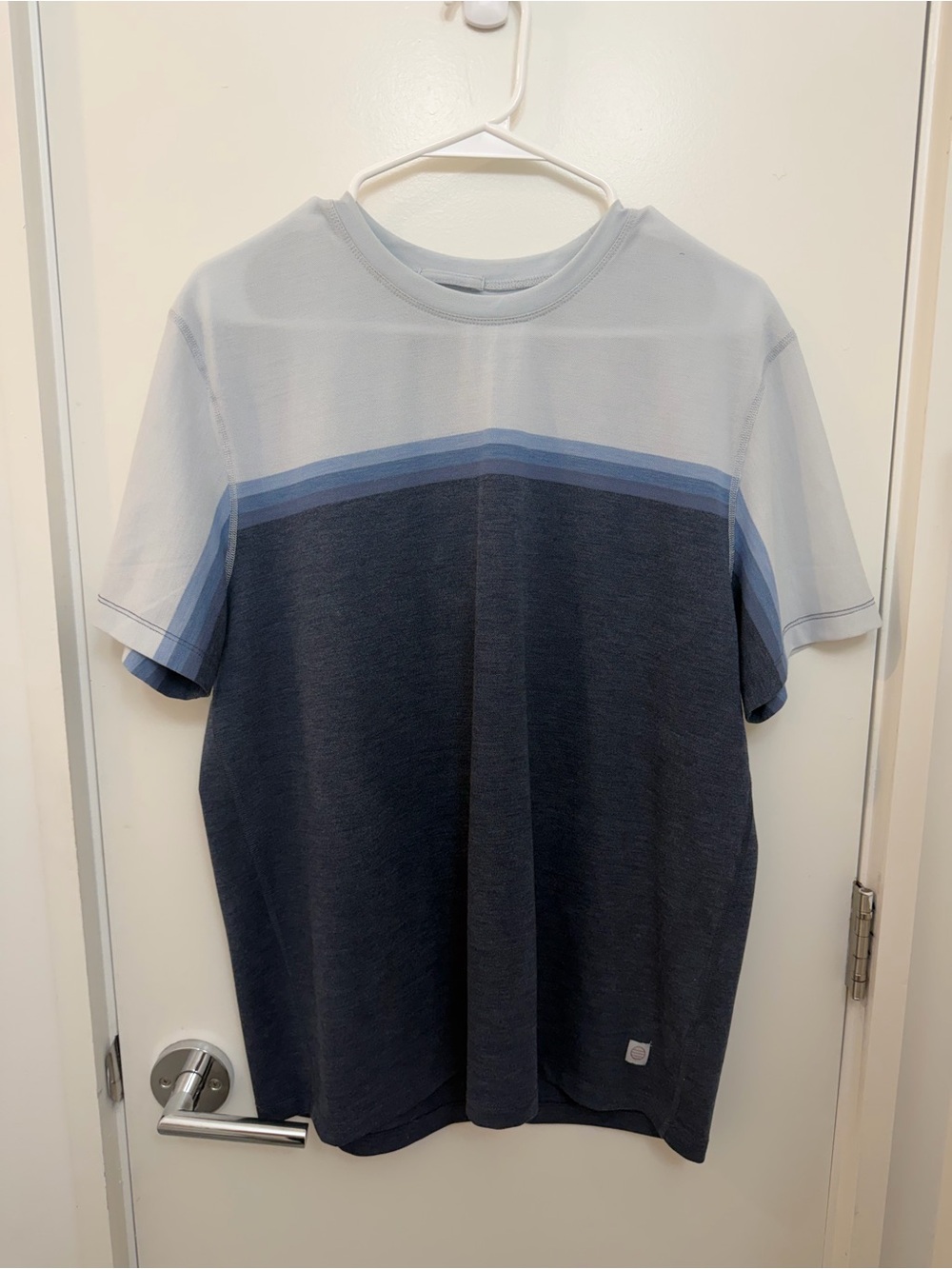 Marine Layer Men's Short Sleeve Colorblock Tee in Light Blue and Navy